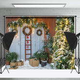 Lofaris Alt Weiß Tür Mit Kranz Pflanzen Winter Hintergrund